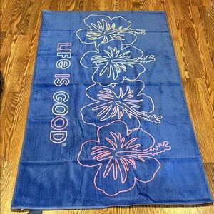 Life Is Good Blue Towel with Pink Floral Design